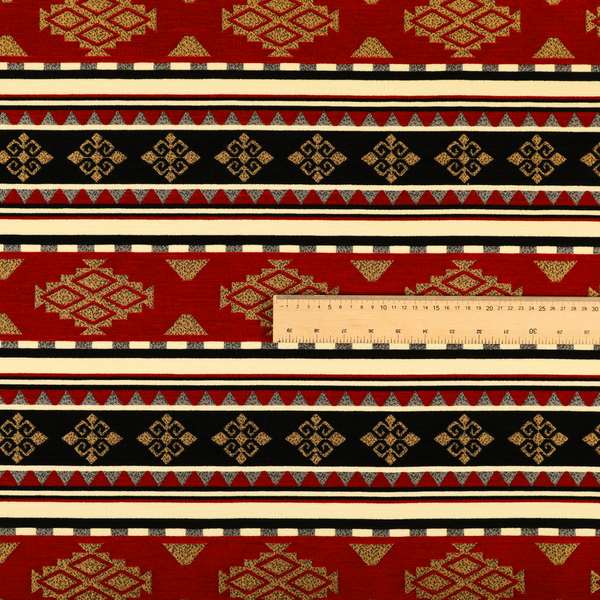 Anthropology Kilim Pattern Fabric In Red Black Gold Colour Upholstery Furnishing Fabric CTR-150