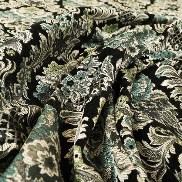 Legacy Damask Collection Exotic Rich Floral Pattern Black Blue Green Colour Upholstery Fabric CTR-153 - Made To Measure Curtains