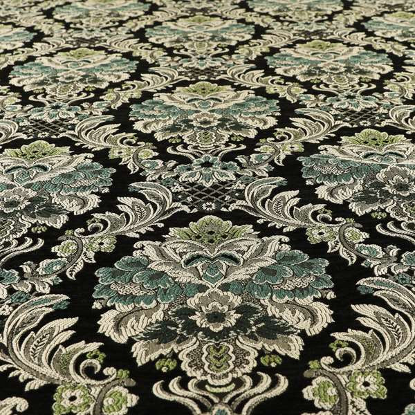 Legacy Damask Collection Exotic Rich Floral Pattern Black Blue Green Colour Upholstery Fabric CTR-153