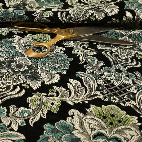 Legacy Damask Collection Exotic Rich Floral Pattern Black Blue Green Colour Upholstery Fabric CTR-153