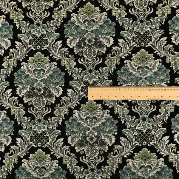 Legacy Damask Collection Exotic Rich Floral Pattern Black Blue Green Colour Upholstery Fabric CTR-153 - Roman Blinds