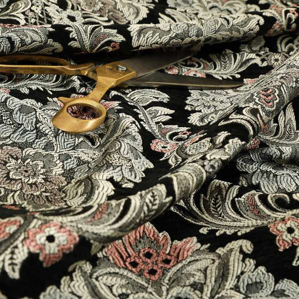 Legacy Damask Collection Exotic Rich Floral Pattern Black Grey Pink Colour Upholstery Fabric CTR-154 - Roman Blinds