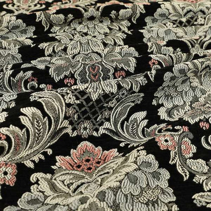 Legacy Damask Collection Exotic Rich Floral Pattern Black Grey Pink Colour Upholstery Fabric CTR-154 - Roman Blinds