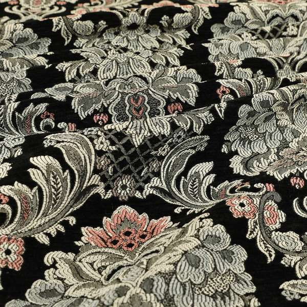 Legacy Damask Collection Exotic Rich Floral Pattern Black Grey Pink Colour Upholstery Fabric CTR-154