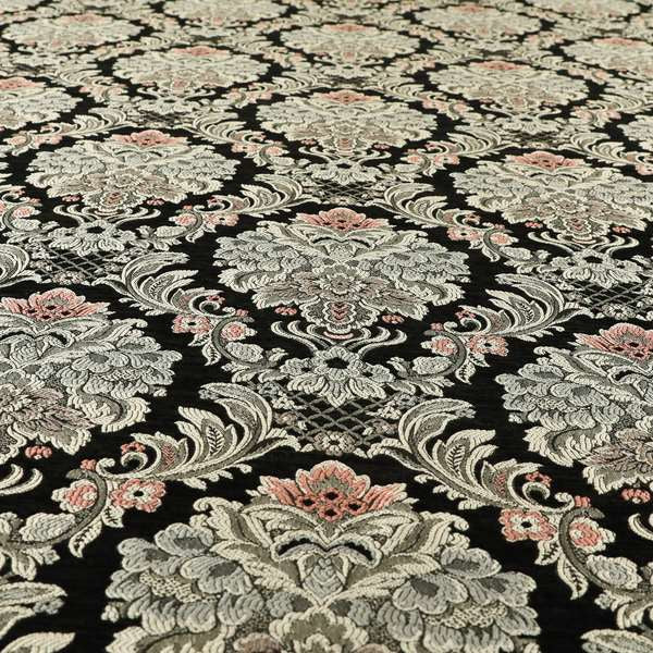 Legacy Damask Collection Exotic Rich Floral Pattern Black Grey Pink Colour Upholstery Fabric CTR-154