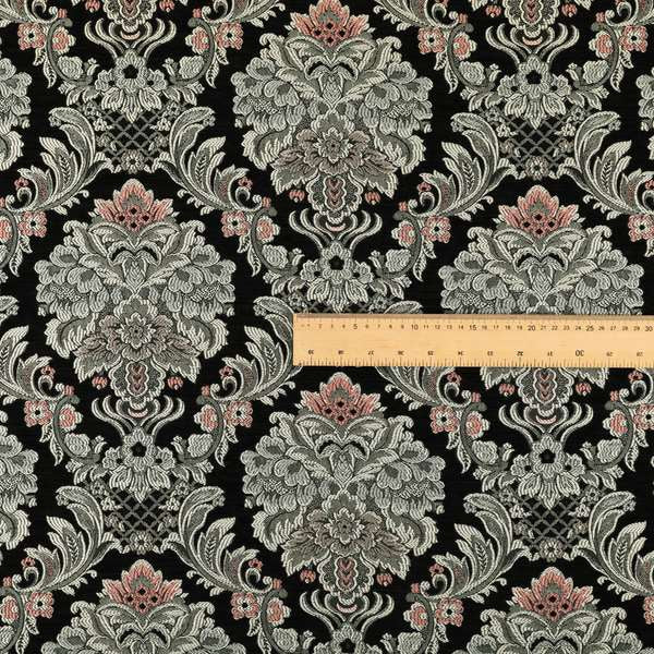 Legacy Damask Collection Exotic Rich Floral Pattern Black Grey Pink Colour Upholstery Fabric CTR-154
