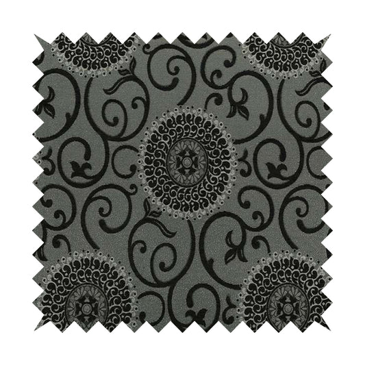 Anthozoa Collection Round Floral Shiny Finish Pattern In Black Upholstery Fabric CTR-157