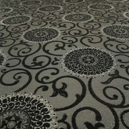 Anthozoa Collection Round Floral Shiny Finish Pattern In Black Upholstery Fabric CTR-157