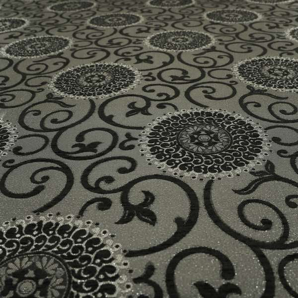 Anthozoa Collection Round Floral Shiny Finish Pattern In Black Upholstery Fabric CTR-157 - Made To Measure Curtains