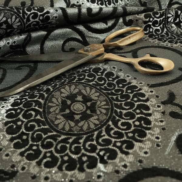 Anthozoa Collection Round Floral Shiny Finish Pattern In Black Upholstery Fabric CTR-157