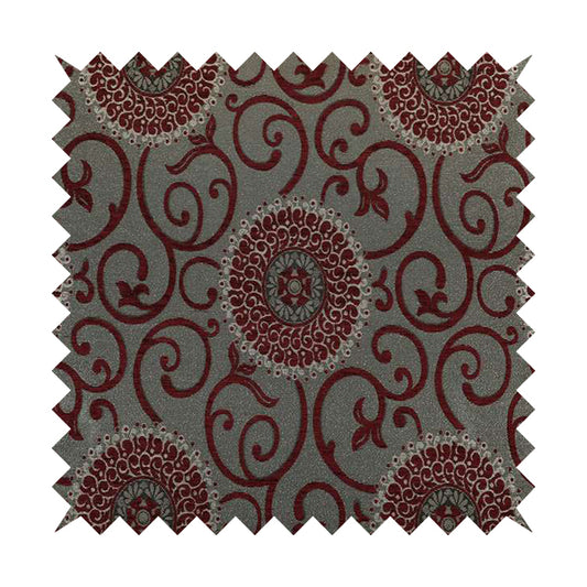 Anthozoa Collection Round Floral Shiny Finish Pattern In Burgundy Upholstery Fabric CTR-159