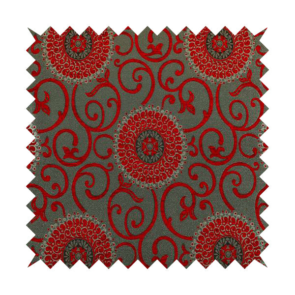 Anthozoa Collection Round Floral Shiny Finish Pattern In Red Upholstery Fabric CTR-164 - Made To Measure Curtains