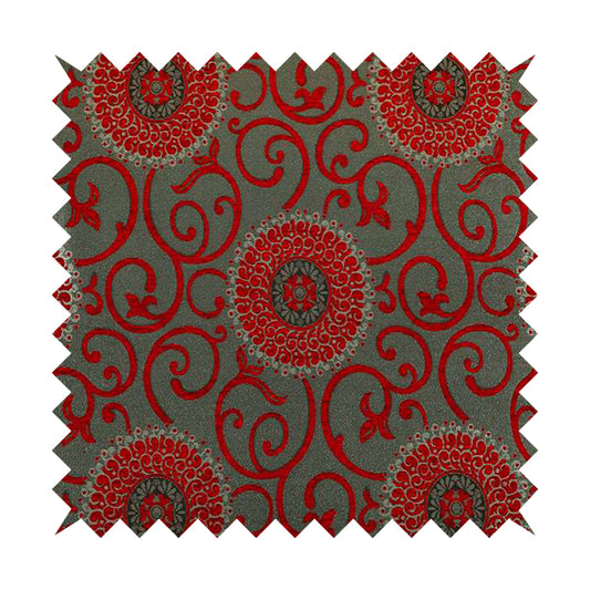 Anthozoa Collection Round Floral Shiny Finish Pattern In Red Upholstery Fabric CTR-164