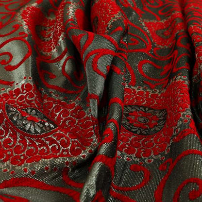 Anthozoa Collection Round Floral Shiny Finish Pattern In Red Upholstery Fabric CTR-164