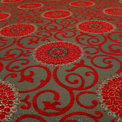 Anthozoa Collection Round Floral Shiny Finish Pattern In Red Upholstery Fabric CTR-164 - Made To Measure Curtains