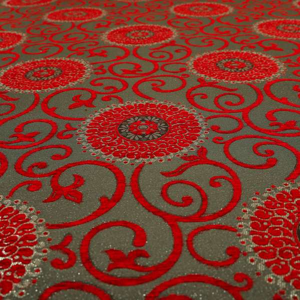 Anthozoa Collection Round Floral Shiny Finish Pattern In Red Upholstery Fabric CTR-164