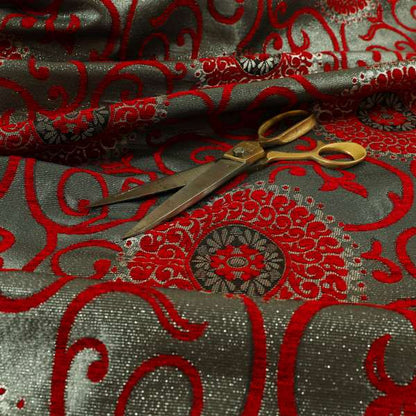 Anthozoa Collection Round Floral Shiny Finish Pattern In Red Upholstery Fabric CTR-164