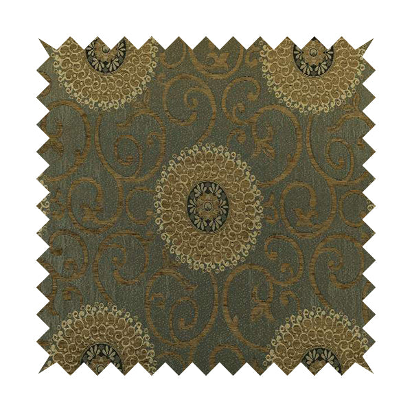 Anthozoa Collection Round Floral Shiny Finish Pattern In Golden Brown Upholstery Fabric CTR-165 - Made To Measure Curtains