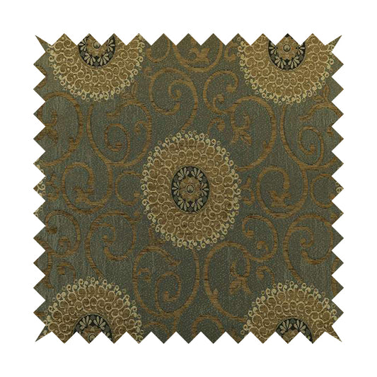 Anthozoa Collection Round Floral Shiny Finish Pattern In Golden Brown Upholstery Fabric CTR-165