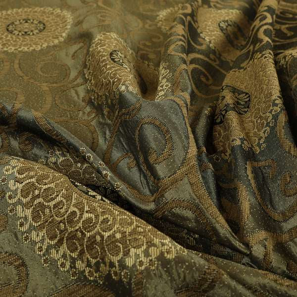 Anthozoa Collection Round Floral Shiny Finish Pattern In Golden Brown Upholstery Fabric CTR-165 - Made To Measure Curtains