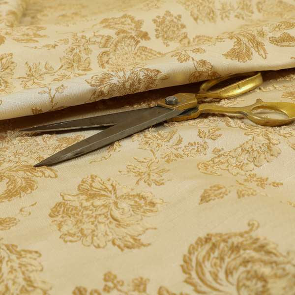 Mumbai Raised Textured Chenille Golden Beige Colour Floral Pattern Upholstery Fabric CTR-180 - Roman Blinds