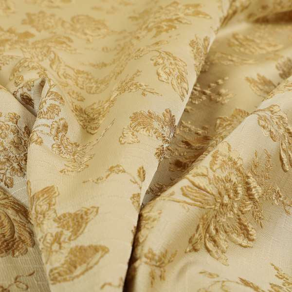 Mumbai Raised Textured Chenille Golden Beige Colour Floral Pattern Upholstery Fabric CTR-180