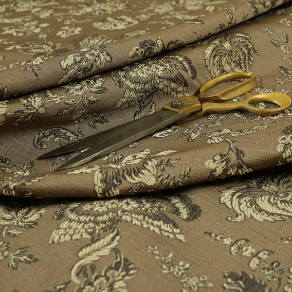 Mumbai Raised Textured Chenille Grey With Cream Colour Floral Pattern Upholstery Fabric CTR-184