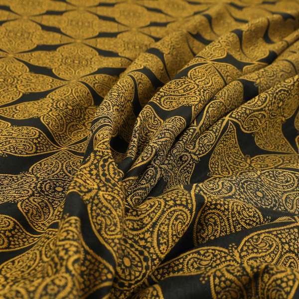 Zenith Collection In Smooth Chenille Finish Black With Gold Colour Medallion Pattern Upholstery Fabric CTR-185 - Handmade Cushions