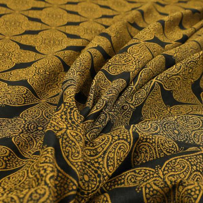 Zenith Collection In Smooth Chenille Finish Black With Gold Colour Medallion Pattern Upholstery Fabric CTR-185