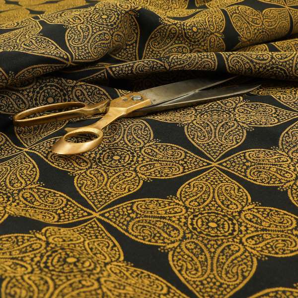 Zenith Collection In Smooth Chenille Finish Black With Gold Colour Medallion Pattern Upholstery Fabric CTR-185 - Made To Measure Curtains