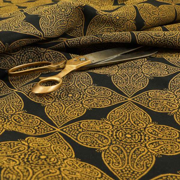 Zenith Collection In Smooth Chenille Finish Black With Gold Colour Medallion Pattern Upholstery Fabric CTR-185 - Handmade Cushions