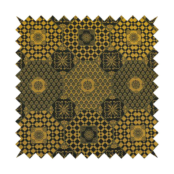 Zenith Collection In Smooth Chenille Finish Black With Gold Colour Patchwork Pattern Upholstery Fabric CTR-186