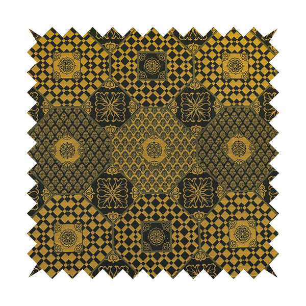 Zenith Collection In Smooth Chenille Finish Black With Gold Colour Patchwork Pattern Upholstery Fabric CTR-186 - Made To Measure Curtains