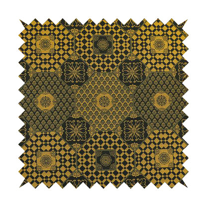 Zenith Collection In Smooth Chenille Finish Black With Gold Colour Patchwork Pattern Upholstery Fabric CTR-186 - Made To Measure Curtains