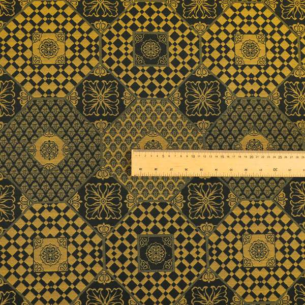 Zenith Collection In Smooth Chenille Finish Black With Gold Colour Patchwork Pattern Upholstery Fabric CTR-186 - Roman Blinds