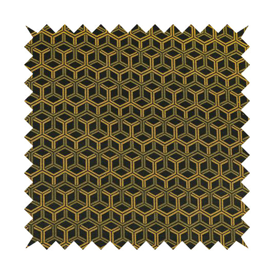 Zenith Collection In Smooth Chenille Finish Black With Gold Colour 3D Cube Geometric Pattern Upholstery Fabric CTR-187