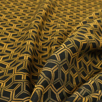 Zenith Collection In Smooth Chenille Finish Black With Gold Colour 3D Cube Geometric Pattern Upholstery Fabric CTR-187