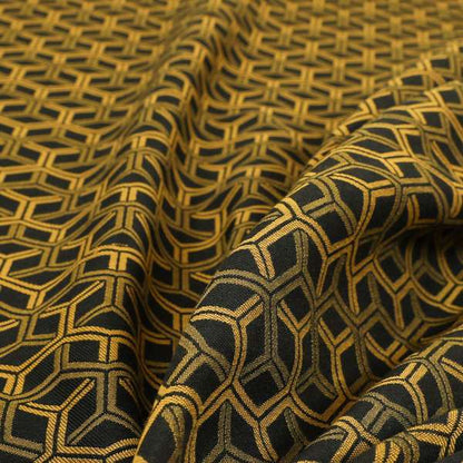 Zenith Collection In Smooth Chenille Finish Black With Gold Colour 3D Cube Geometric Pattern Upholstery Fabric CTR-187 - Made To Measure Curtains