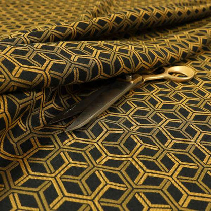 Zenith Collection In Smooth Chenille Finish Black With Gold Colour 3D Cube Geometric Pattern Upholstery Fabric CTR-187 - Roman Blinds