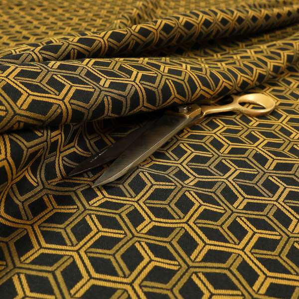 Zenith Collection In Smooth Chenille Finish Black With Gold Colour 3D Cube Geometric Pattern Upholstery Fabric CTR-187 - Made To Measure Curtains