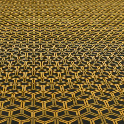 Zenith Collection In Smooth Chenille Finish Black With Gold Colour 3D Cube Geometric Pattern Upholstery Fabric CTR-187 - Made To Measure Curtains