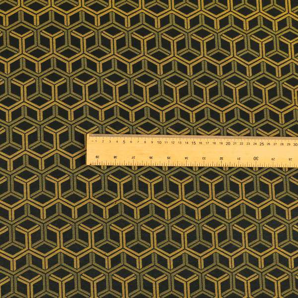 Zenith Collection In Smooth Chenille Finish Black With Gold Colour 3D Cube Geometric Pattern Upholstery Fabric CTR-187 - Roman Blinds