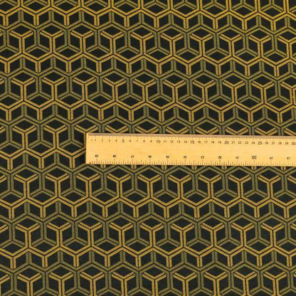 Zenith Collection In Smooth Chenille Finish Black With Gold Colour 3D Cube Geometric Pattern Upholstery Fabric CTR-187 - Roman Blinds