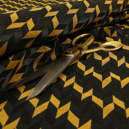 Zenith Collection In Smooth Chenille Finish Black With Gold Colour Geometric Pattern Upholstery Fabric CTR-188