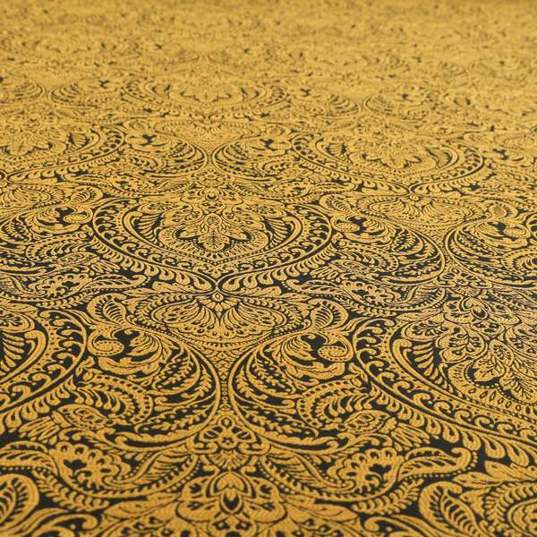 Zenith Collection In Smooth Chenille Finish Black With Gold Colour Damask Pattern Upholstery Fabric CTR-189