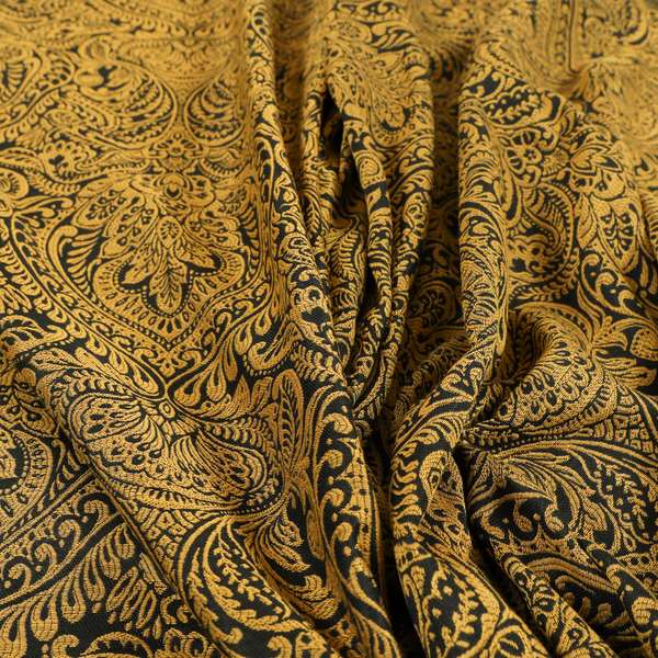 Zenith Collection In Smooth Chenille Finish Black With Gold Colour Damask Pattern Upholstery Fabric CTR-189 - Roman Blinds