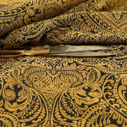 Zenith Collection In Smooth Chenille Finish Black With Gold Colour Damask Pattern Upholstery Fabric CTR-189 - Roman Blinds