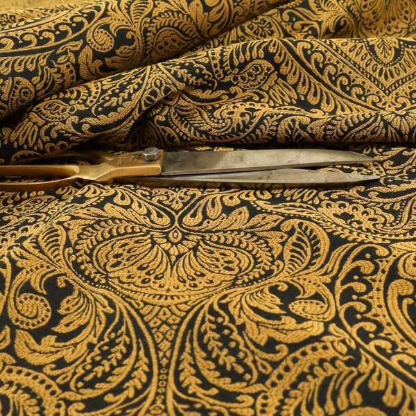 Zenith Collection In Smooth Chenille Finish Black With Gold Colour Damask Pattern Upholstery Fabric CTR-189 - Made To Measure Curtains