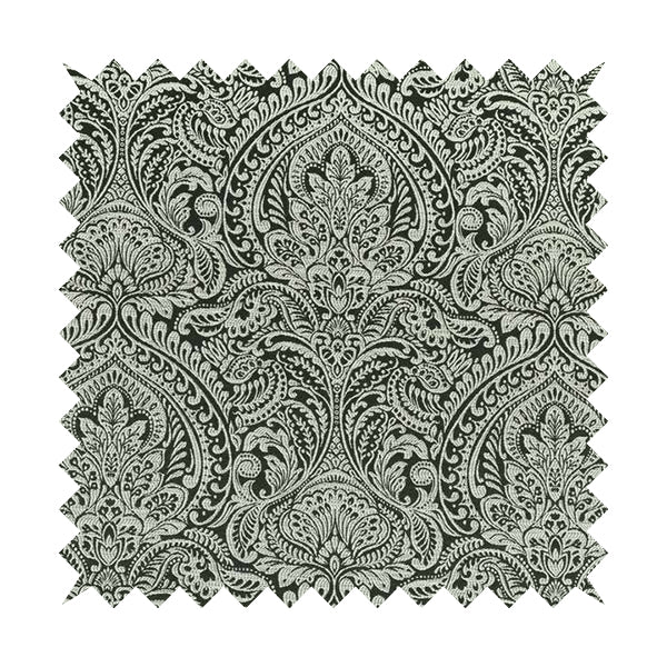 Zenith Collection In Smooth Chenille Finish Black With Grey Colour Damask Pattern Upholstery Fabric CTR-190