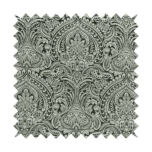 Zenith Collection In Smooth Chenille Finish Black With Grey Colour Damask Pattern Upholstery Fabric CTR-190